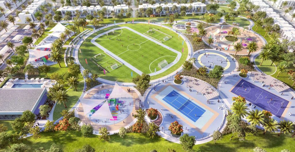 aerial view of a park with many different types of sports and a playground